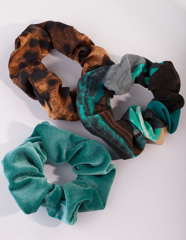 Velvet Teal Leopard Scrunchie 3 Pack