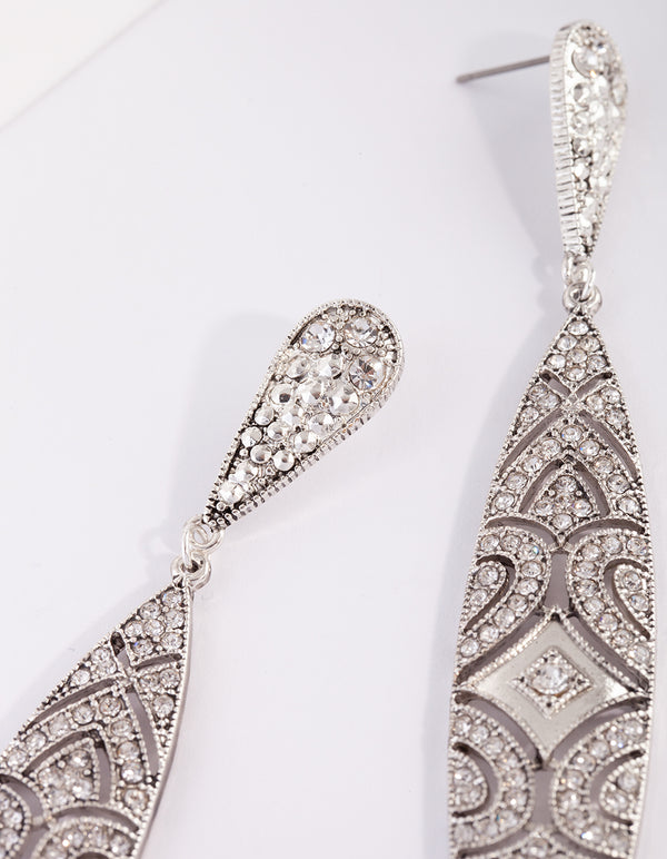 Art Deco Shield Diamante Silver Drop Earring