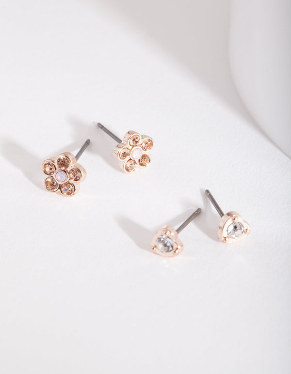 Rose Gold Flower Diamante Earring Pack