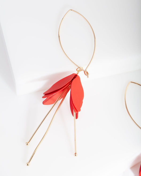 Red Gold Flower Drop Earrings