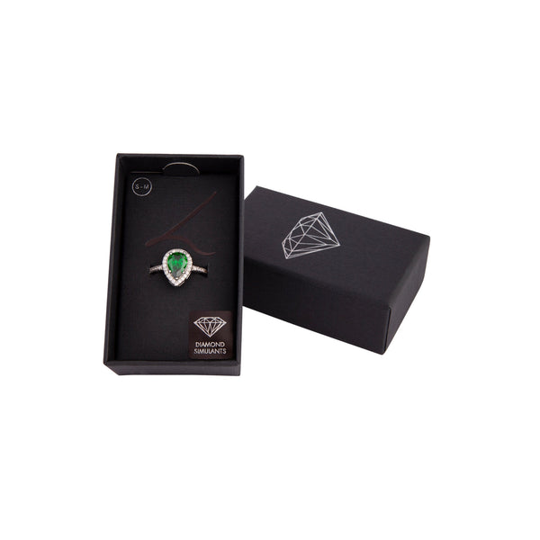 Rhodium Pear Emerald Teardrop Ring