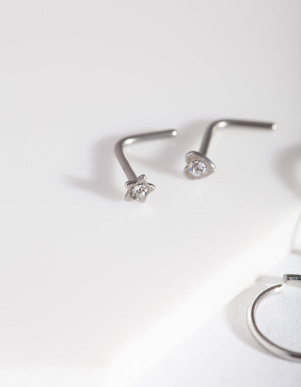 Rhodium Heart Nose Ring 4 Pack
