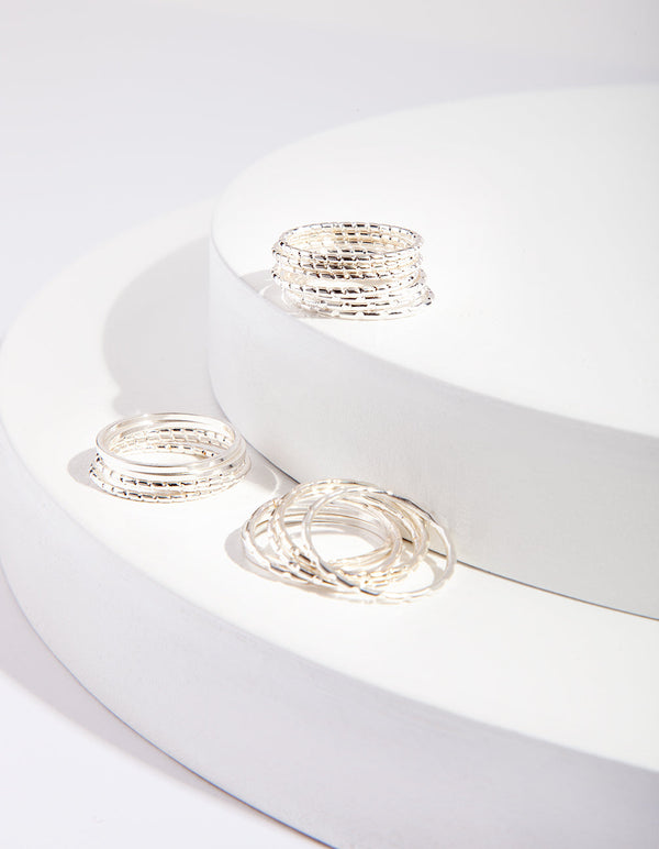 Silver Textured Fine Band Ring Pack