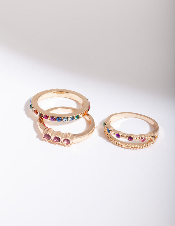 Gold Diamante Rainbow Ring Stack