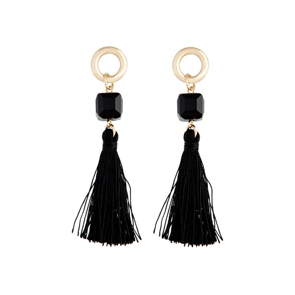 Gold Black Cube Bead Tassel Drop Earrings