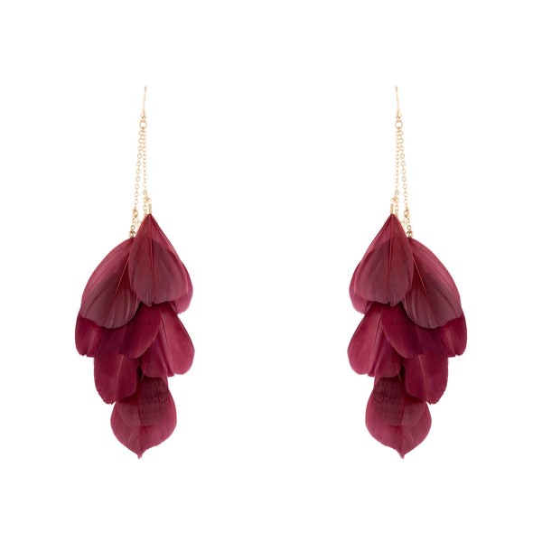 Burgundy Multi Feather Chain Earrings