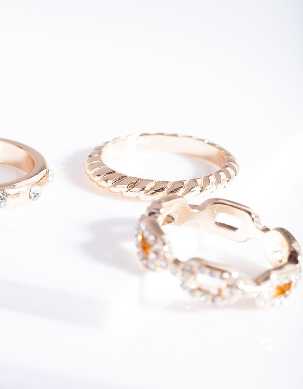 Gold Diamante Chain Ring 3 Pack