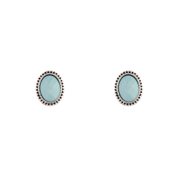 Antique Silver Blue Oval Stud Earrings