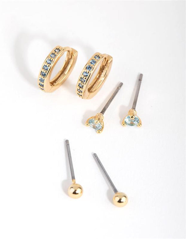 18ct Gold Plated Aquamarine Cubic Zirconia March Earring 3-Pack