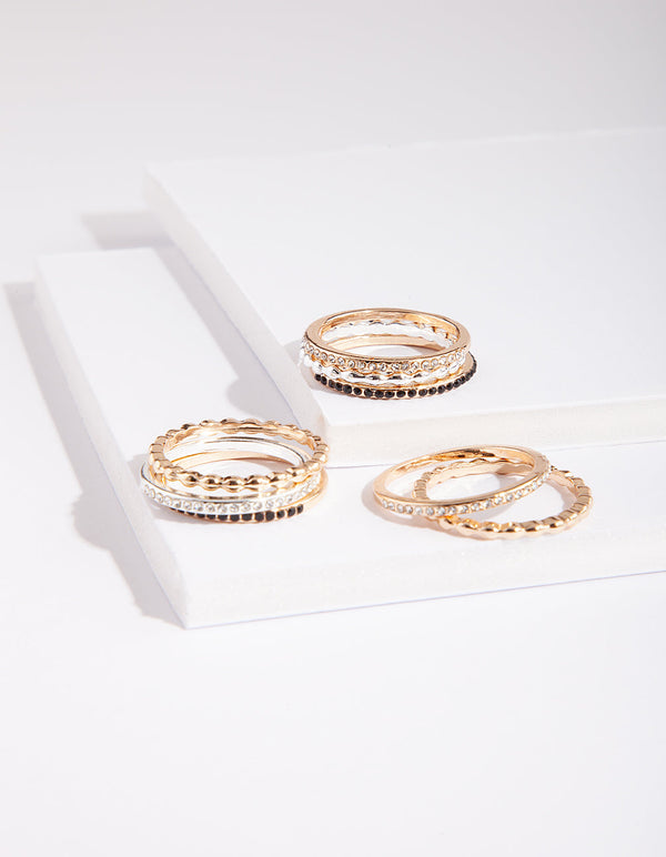 Mixed Metal Black Diamante Ring Pack