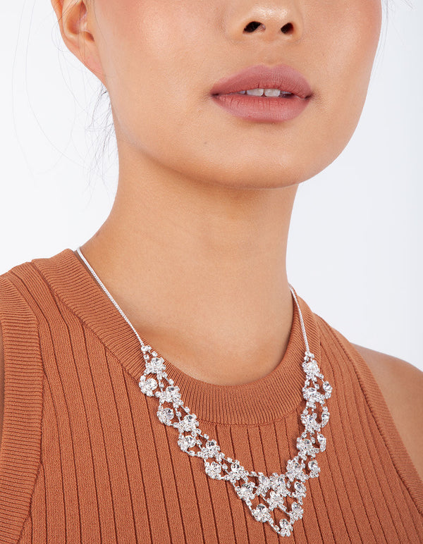 Rhodium Diamante V Shape Bib Necklace