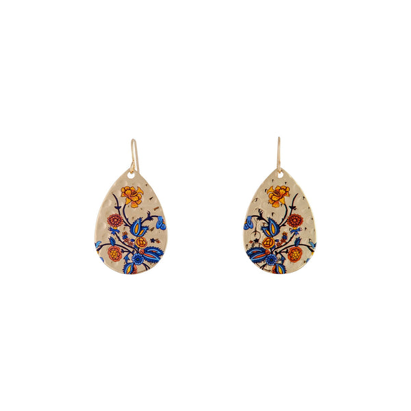 Gold Print Blue Flower Teardrop Earrings
