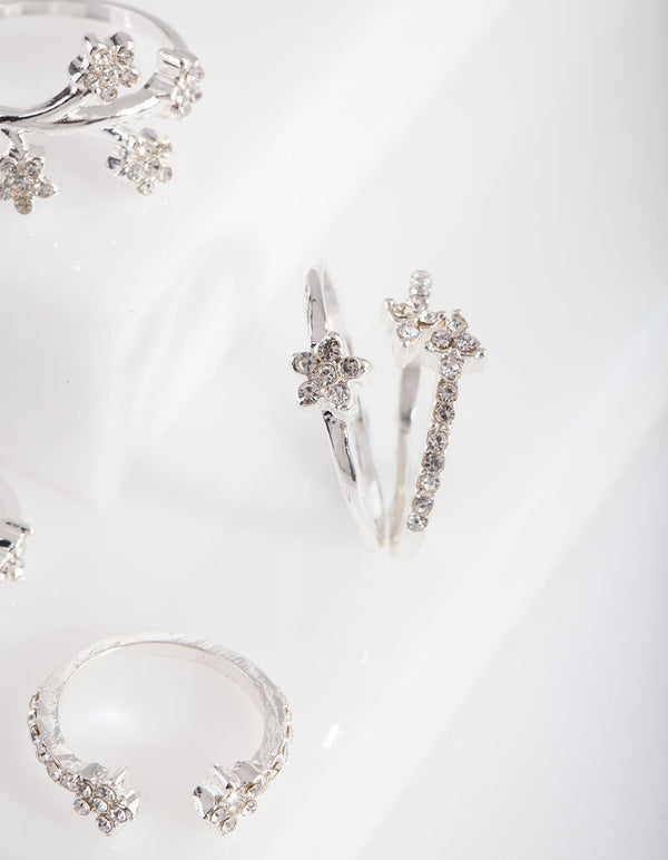 Silver Floral Diamante Ring Pack