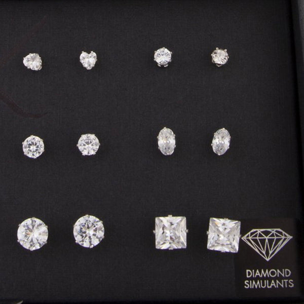 Diamond Simulant Silver Stud Earring 12 Pack