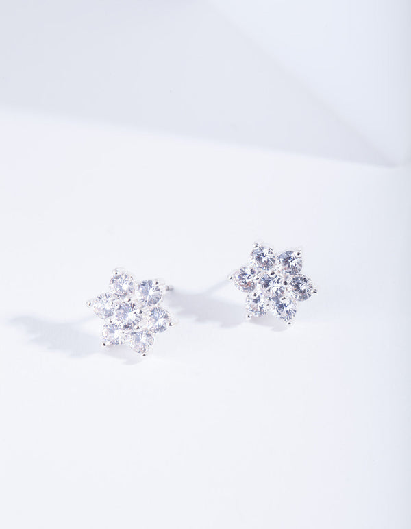 Silver Cubic ZIrconia Flower Earrings