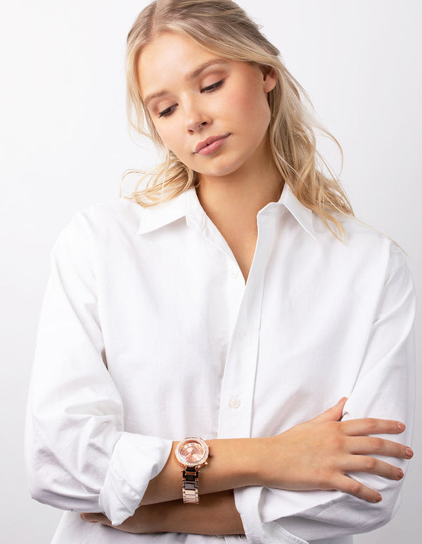 Rose Gold Diamante Surrounded Link Strap Watch