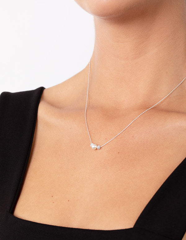 Sterling Silver Pearlised And Diamante Bead Necklace