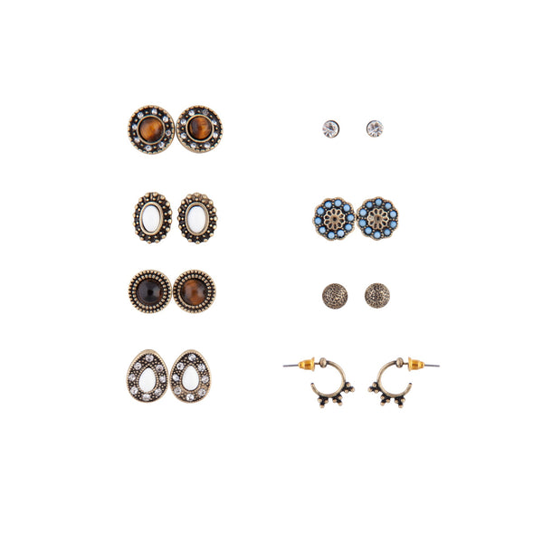 Antique Gold & Neutral 8 Pack Stud Earring