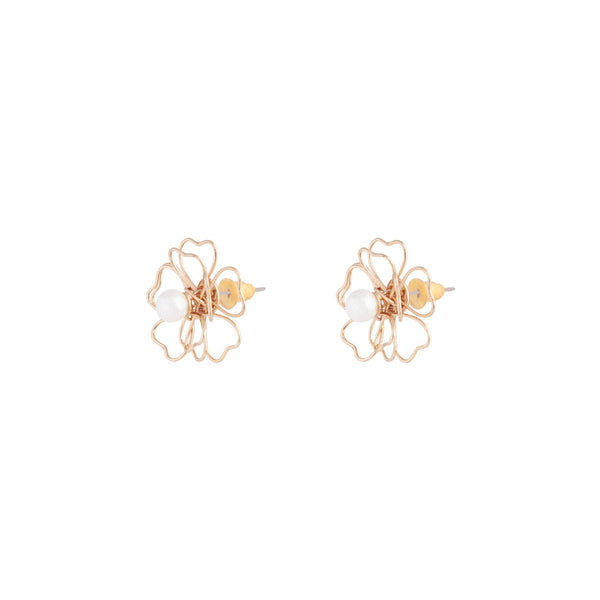 Gold Pearl Wired Flower Stud Earrings