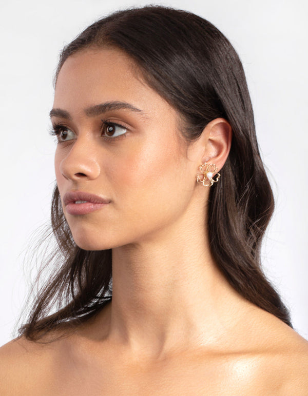 Gold Pearl Wired Flower Stud Earrings