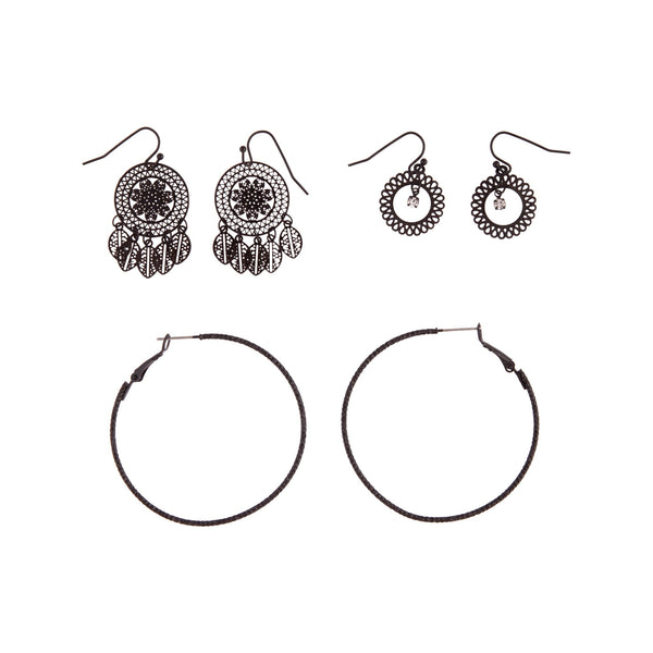 Black Filigree Stamp Hoop Earring 3 Pack