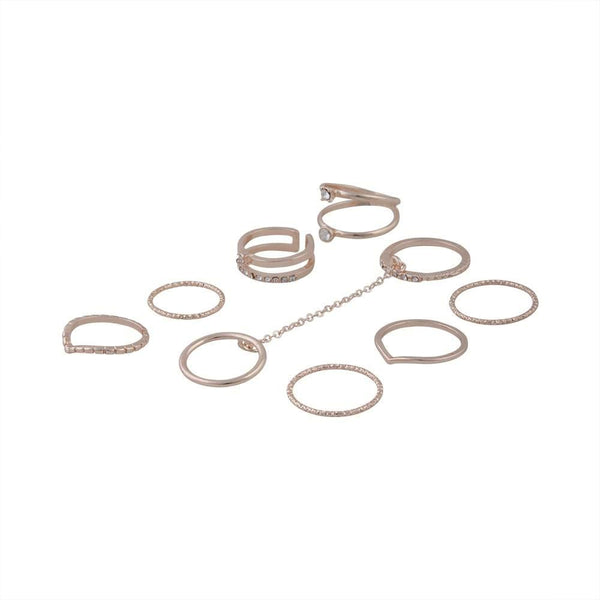 ROSE GOLD STACK RINGS WITH KNUCKLE CHAIN