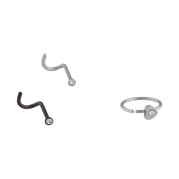 Mixed Metal Diamante Nose Stud Ring 3 Pack