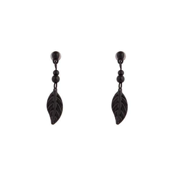 Black Metal Bead Feather Drop Earrings
