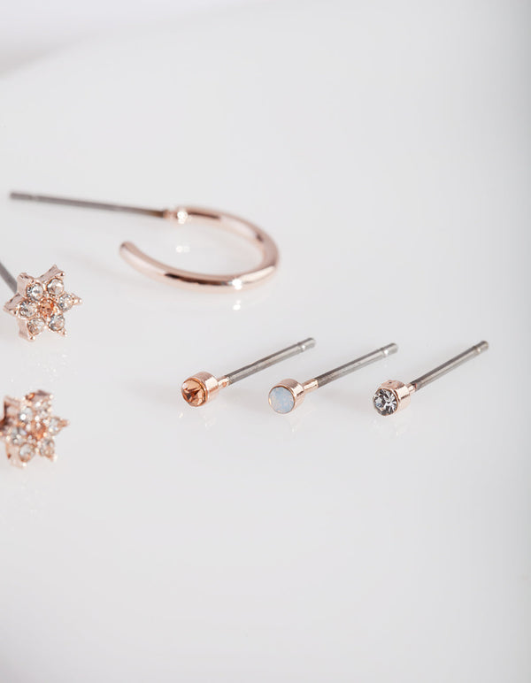 Rose Gold Flower Stud and Hoop Earring Pack