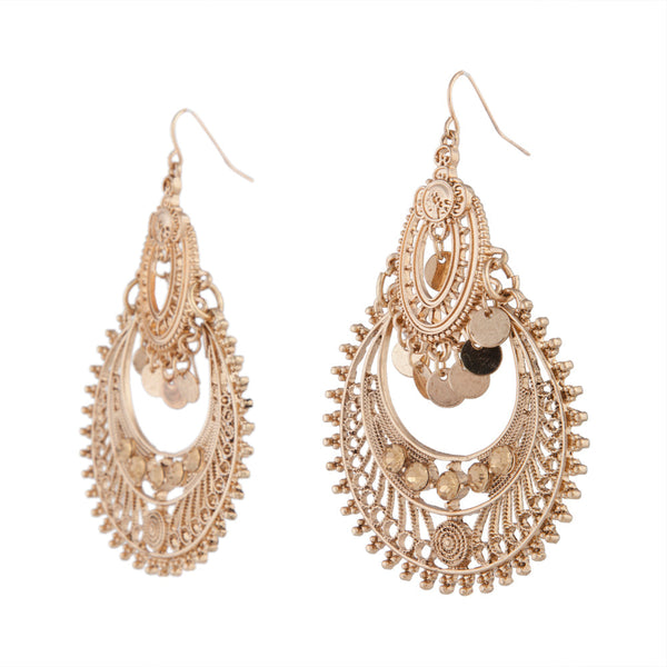 Etched Antique Gold Disc Tassel Earrings
