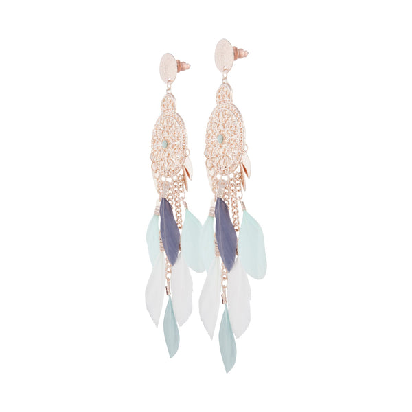 Mint White Rose Gold Filigree Cascade Feather Earrings