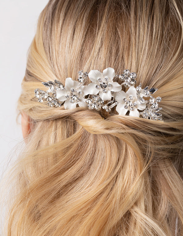 Silver Flower and Crystal Comb