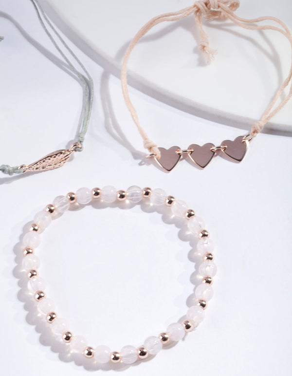 Rose Gold Leaf 3 Heart and Bead Bracelet 3 Pack