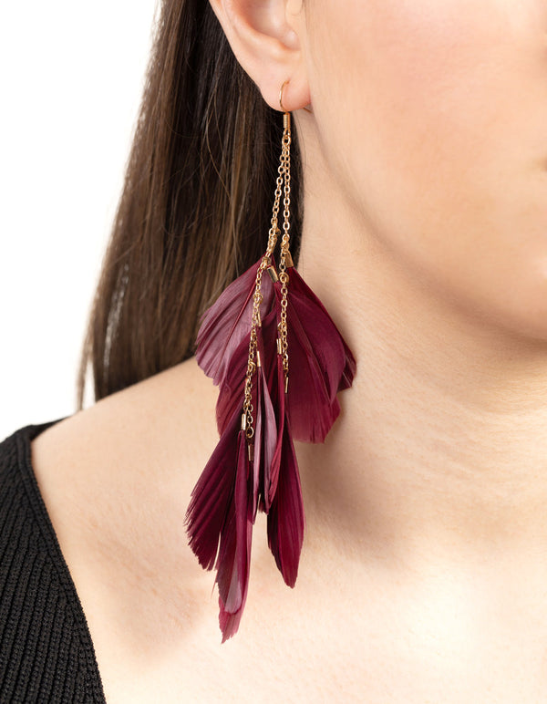 Burgundy Multi Feather Chain Earrings