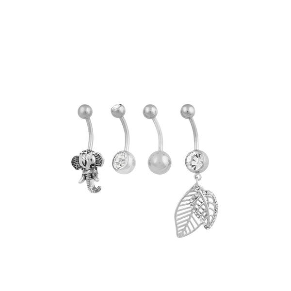 Rhodium Surgical Steel Leaf Elephant Belly Bar 4-Pack