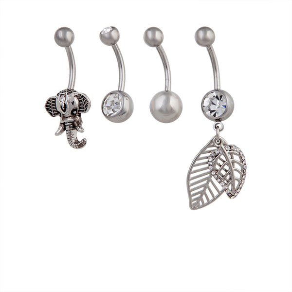 Rhodium Surgical Steel Leaf Elephant Belly Bar 4-Pack