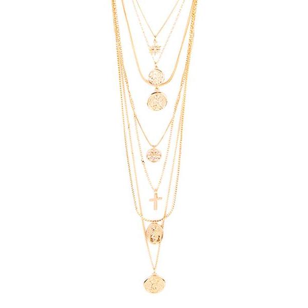 Gold Multi Row Coin Pendant Necklace