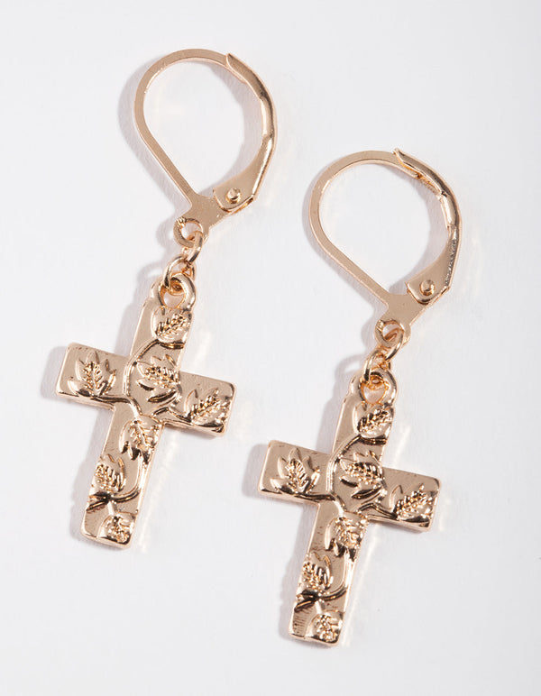 Gold Embossed Cross Earrings