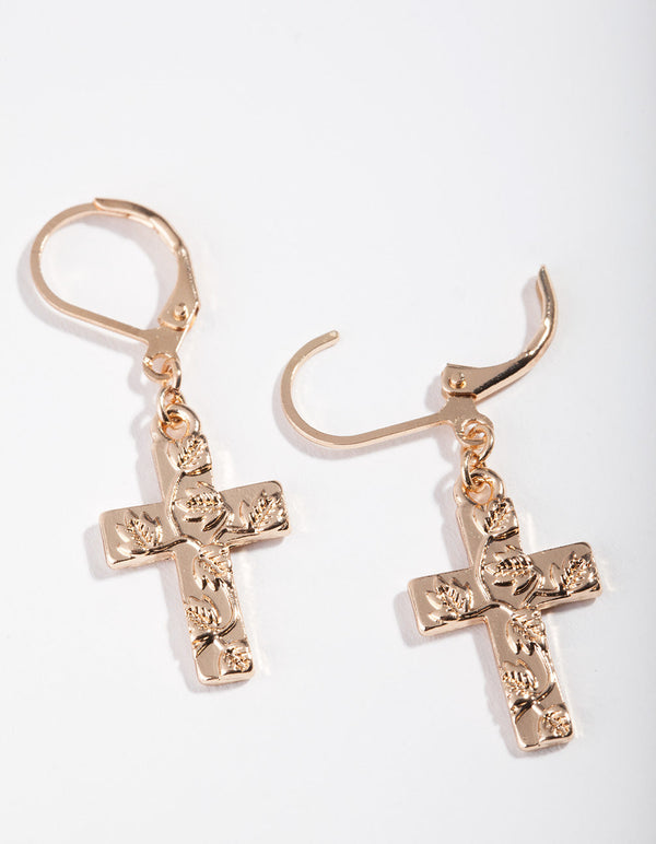 Gold Embossed Cross Earrings
