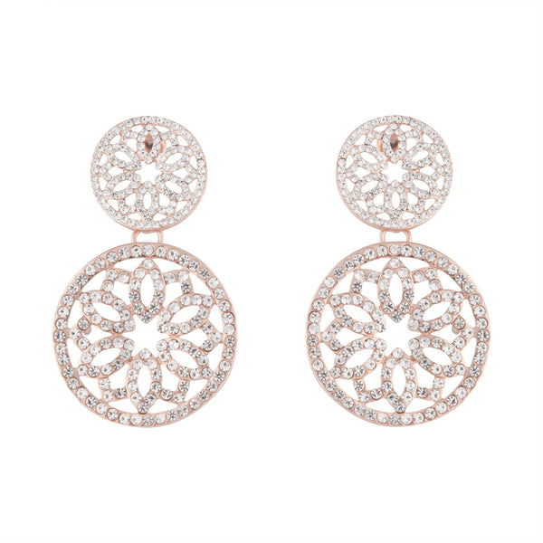 Rose Gold Diamante Filigree Double Circle Drop Earrings