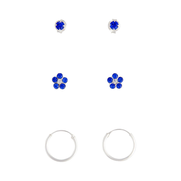 Sterling Silver Blue Stud, Flower And Hoop Pack