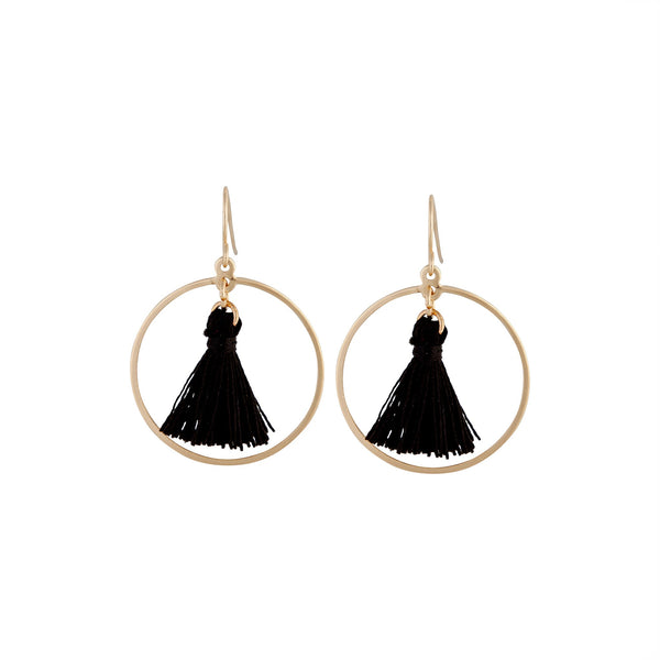 Gold Black Circle Tassel Drop Earrings