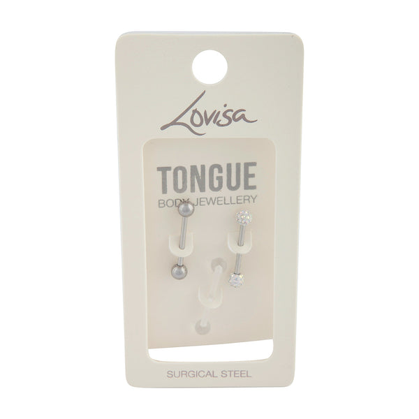 Surgical Steel Diamante Clear Tongue Bar 3 Pack