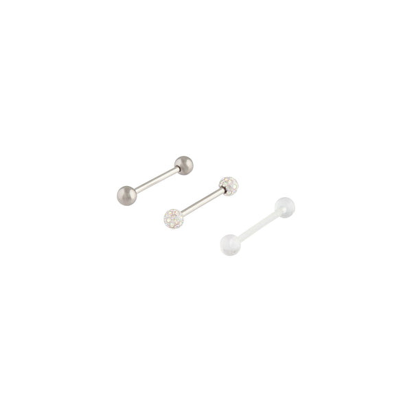 Surgical Steel Diamante Clear Tongue Bar 3 Pack