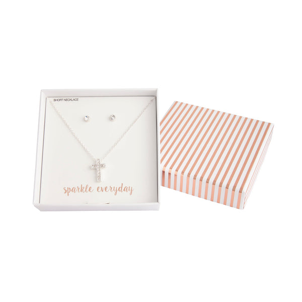 Silver Diamante Cross Necklace Earrings Set