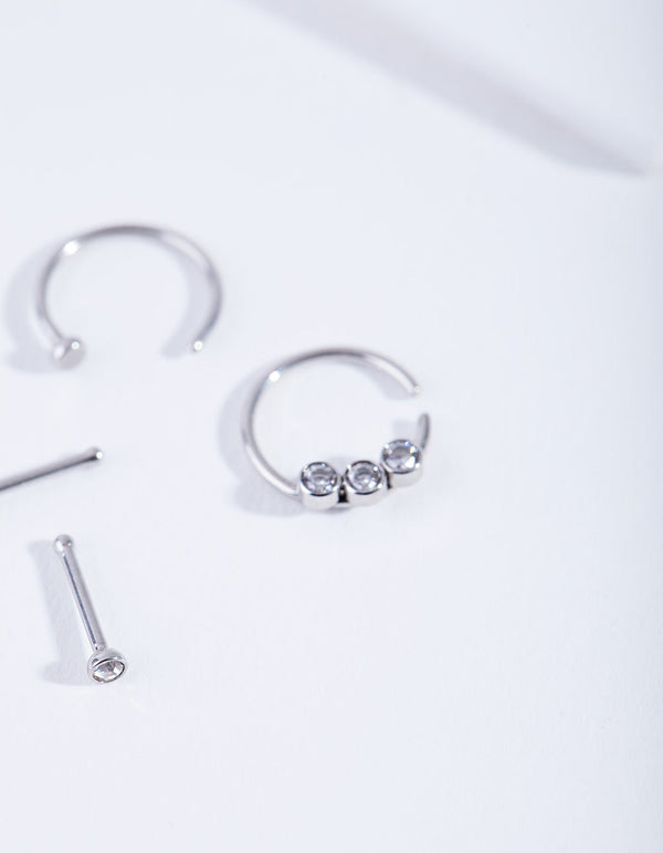 Rhodium Diamante Nose Ring 4 Pack