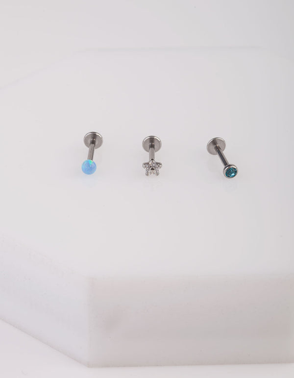 Surgical Steel Synthetic Opal and Flower Flatback Earring 3 Pack