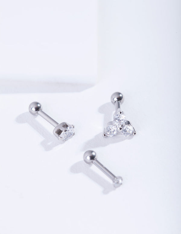Rhodium Surgical Steel Tripple Diamante Barbell Earrings
