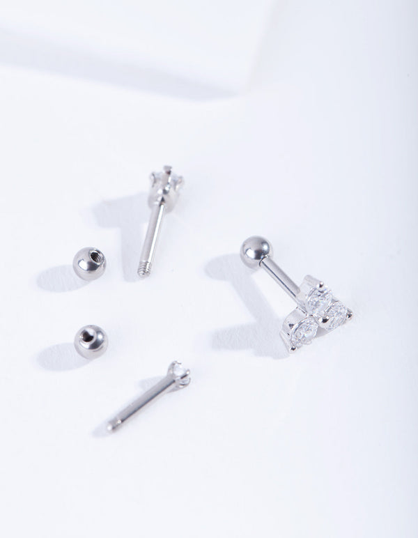 Rhodium Surgical Steel Tripple Diamante Barbell Earrings