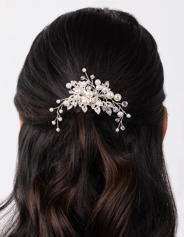 Silver Crystal Pearl Mini Leaf Comb